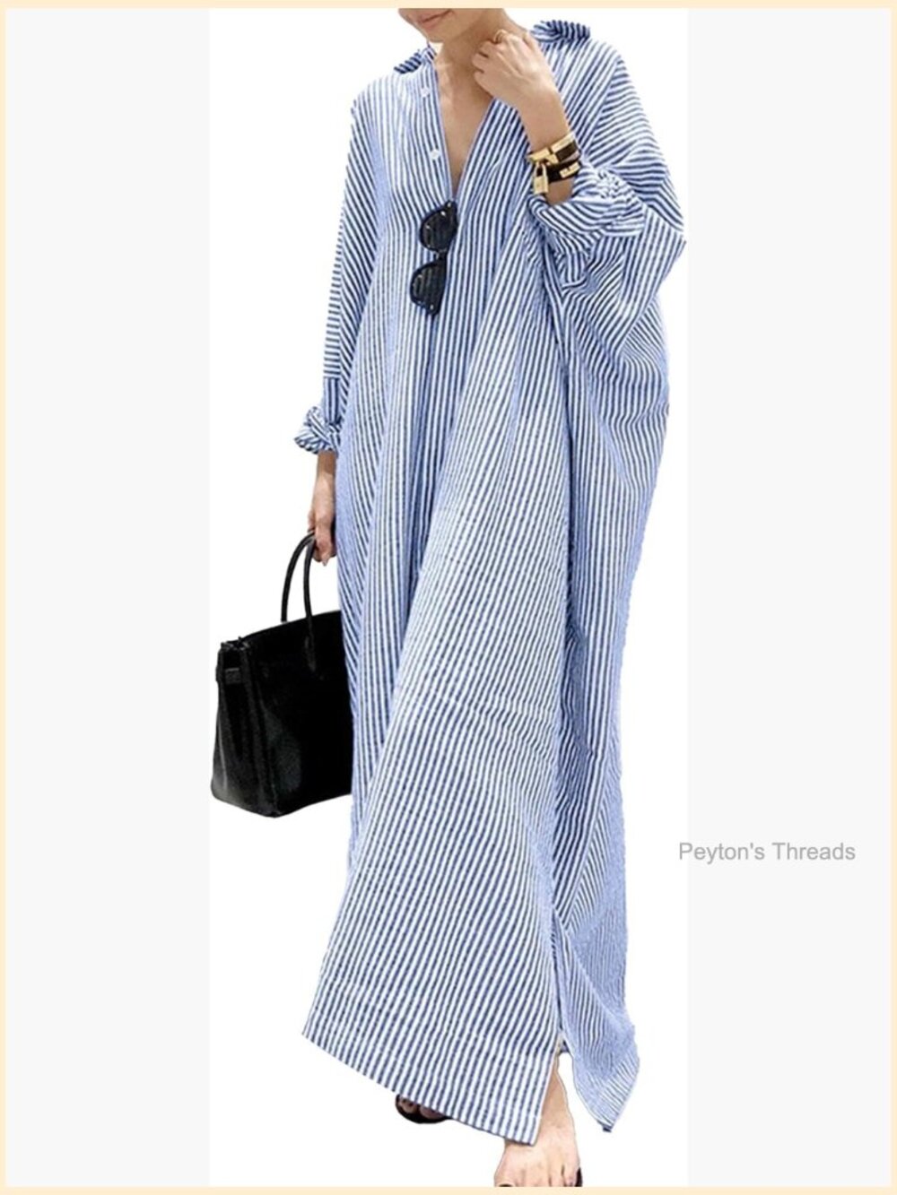 Striped Button Down V Neck Long Sleeve Maxi Shirt Dress Cotton Blend - Picture 1 of 3